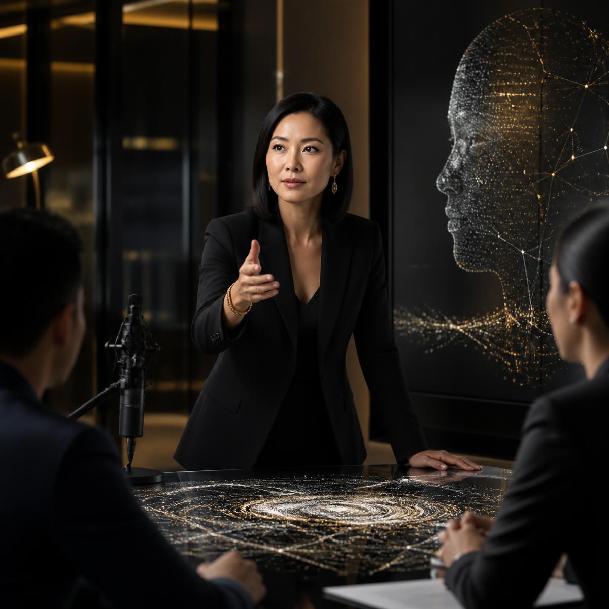 Technology strategist recording a discussion about artificial intelligence